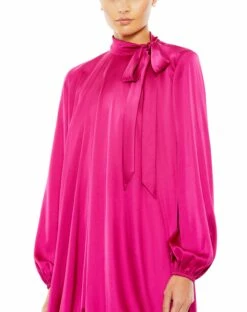 High Neck Long Sleeve Bubble Hem Dress -Women's Skirt 26922 HotPink CL