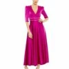 Satin Rhinestone Encrusted Puff Shoulder Dress -Women's Skirt 26923 Fuchsia AB