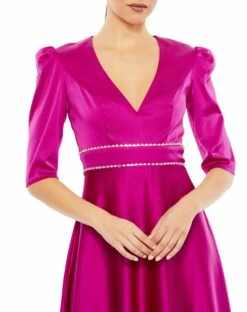 Satin Rhinestone Encrusted Puff Shoulder Dress 7 Satin Rhinestone Encrusted Puff Shoulder Dress -Women's Skirt 26923 Fuchsia CL