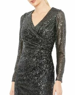 Sequined Faux Wrap V Neck Long Sleeve Midi Dress 7 Sequined Faux Wrap V Neck Long Sleeve Midi Dress -Women's Skirt 26940 Gunmetal CL
