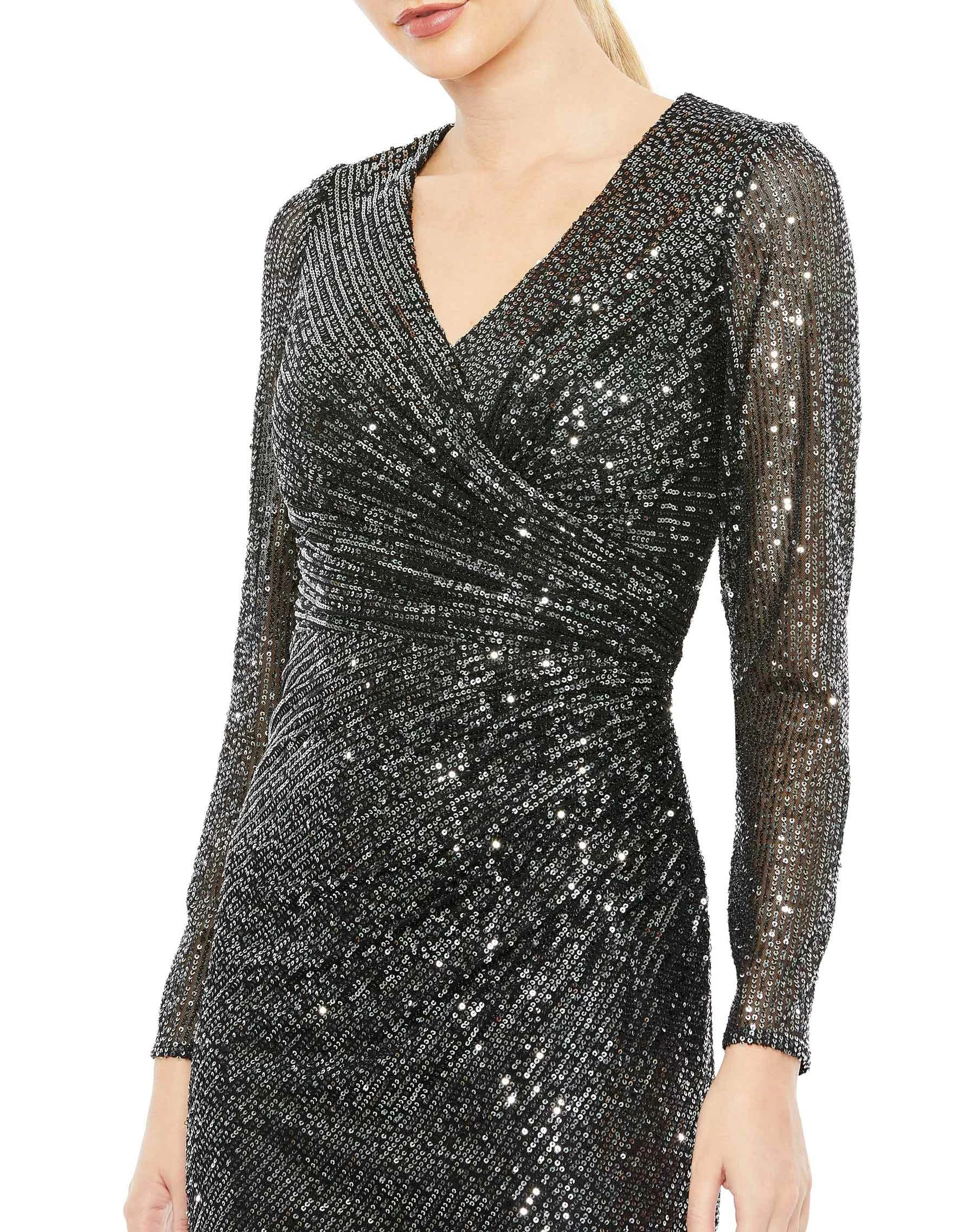 Sequined Faux Wrap V Neck Long Sleeve Midi Dress 5 Sequined Faux Wrap V Neck Long Sleeve Midi Dress - Image 3