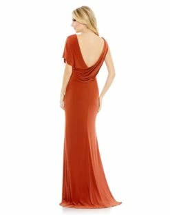 One Shoulder Sleeve Scoop Back Jersey Gown -Women's Skirt 26985 Brick BK