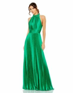 Pleated Sleeveless Halter Gown