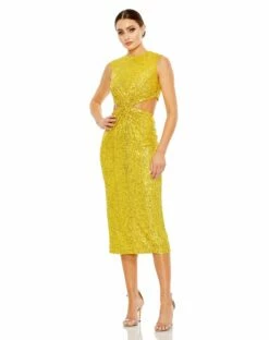 Sequin Front Twist Cut Out Column Dress -Women's Skirt 27022 Marigold AB