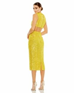 Sequin Front Twist Cut Out Column Dress -Women's Skirt 27022 Marigold BK