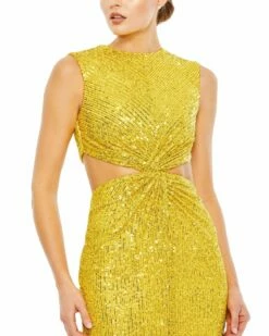 Sequin Front Twist Cut Out Column Dress -Women's Skirt 27022 Marigold CL