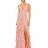 Sequin Asymmetrical Ruffle Tiered Gown -Women's Skirt 27046 Coral AB