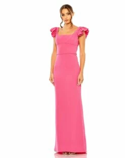 Ruffle Cap Sleeve Open Back Column Gown -Women's Skirt 27109 Fucshia AB
