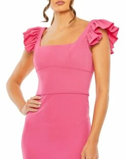 Ruffle Cap Sleeve Open Back Column Gown -Women's Skirt 27109 Fucshia CL