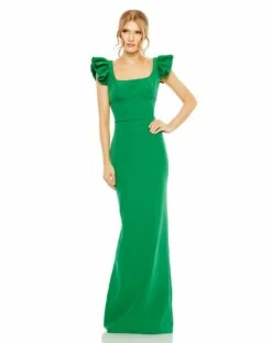 Ruffle Cap Sleeve Open Back Column Gown