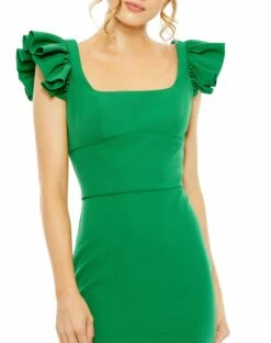 Ruffle Cap Sleeve Open Back Column Gown -Women's Skirt 27109 Green CL