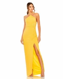 Halter Neck Rouched Side Front Slit Gown