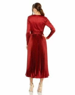 Pleated Deep V Long Sleeve Dress -Women's Skirt 27148 Plum BK