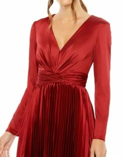 Pleated Deep V Long Sleeve Dress -Women's Skirt 27148 Plum CL