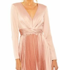 Pleated Deep V Long Sleeve Dress -Women's Skirt 27148 Rose CL