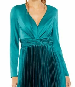 Pleated Deep V Long Sleeve Dress -Women's Skirt 27148 Teal CL