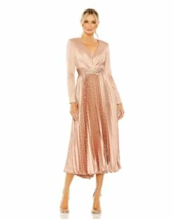 Pleated Deep V Long Sleeve Dress