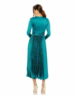 Pleated Deep V Long Sleeve Dress -Women's Skirt 27148 TEA 2 WS