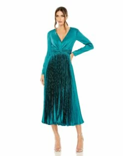 Pleated Deep V Long Sleeve Dress -Women's Skirt 27148 TEA Default 1 WS