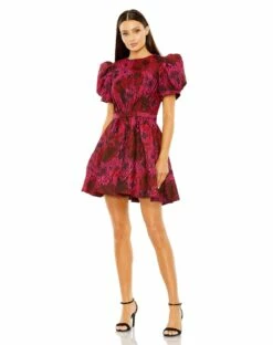 Puff Sleeve Brocade Mini Dress