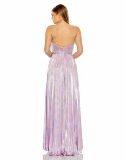 Metallic Slim Strap Deep V Pleated Gown -Women's Skirt 27489 PurpleMulti BK