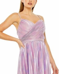 Metallic Slim Strap Deep V Pleated Gown -Women's Skirt 27489 PurpleMulti CL