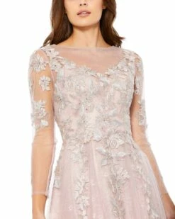 Embroidered Illusion Long Sleeve A Line Dress -Women's Skirt 30681 VintageLilac CL