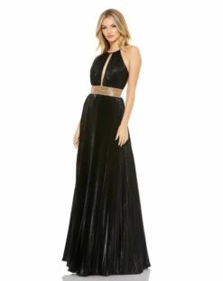 Pleated Embellished Halter Open Back Gown