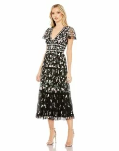 Embroidered V Neck Cap Sleeve Midi Dress -Women's Skirt 35104 BlackMulti AB