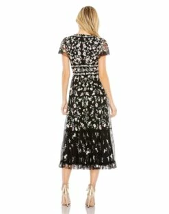 Embroidered V Neck Cap Sleeve Midi Dress -Women's Skirt 35104 BlackMulti BK