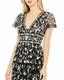 Embroidered V Neck Cap Sleeve Midi Dress -Women's Skirt 35104 BlackMulti CL