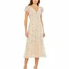 Embroidered V Neck Cap Sleeve Midi Dress -Women's Skirt 35104 NudeMulti AB