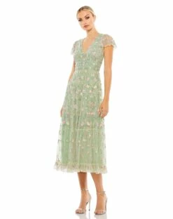 Embroidered V Neck Cap Sleeve Midi Dress -Women's Skirt 35104 Sage AB