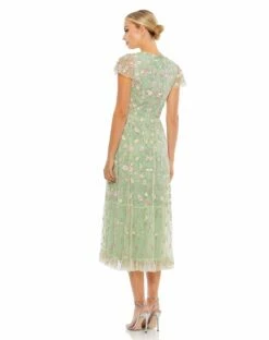 Embroidered V Neck Cap Sleeve Midi Dress -Women's Skirt 35104 Sage BK