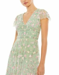 Embroidered V Neck Cap Sleeve Midi Dress -Women's Skirt 35104 SageMulti CL