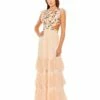 Embroidered Bodice Cap Sleeve Ruffle Tiered Gown -Women's Skirt 35106 Apricot AB