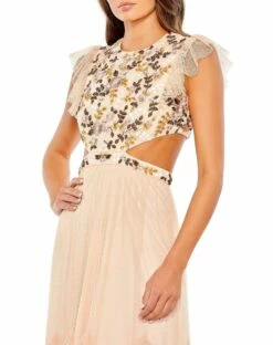 Embroidered Bodice Cap Sleeve Ruffle Tiered Gown -Women's Skirt 35106 Apricot CL