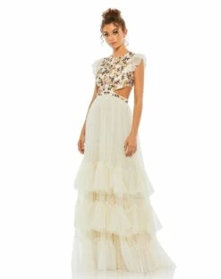 Embroidered Bodice Cap Sleeve Ruffle Tiered Gown -Women's Skirt 35106 CreamMulti AB
