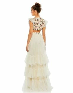 Embroidered Bodice Cap Sleeve Ruffle Tiered Gown -Women's Skirt 35106 CreamMulti BK