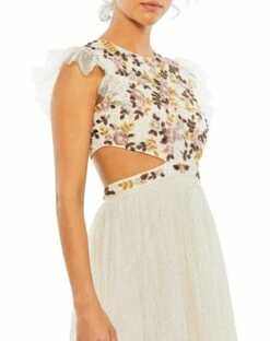 Embroidered Bodice Cap Sleeve Ruffle Tiered Gown -Women's Skirt 35106 CreamMulti CL