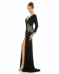 Floral Embellished Faux Wrap Jersey Gown -Women's Skirt 41016 BLK 4 WS