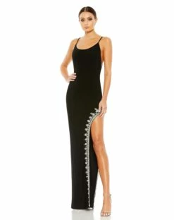 Rhinestone Encrusted Side Slit Cami Bodycon Gown -Women's Skirt 42002 Black AB