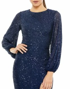 Sequined Puff Sleeve High Neck Dress -Women's Skirt 42018 Midnight CL
