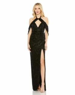 Sequined Draped Sleeveless Keyhole Cowl Back Gown -Women's Skirt 42021 Black AB
