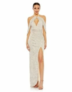 Sequined Draped Sleeveless Keyhole Cowl Back Gown