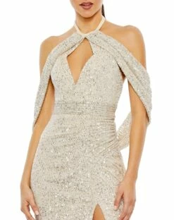 Sequined Draped Sleeveless Keyhole Cowl Back Gown -Women's Skirt 42021 NudeSilver CL