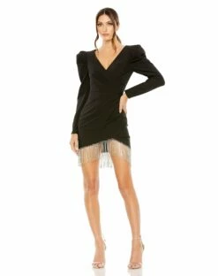 Faux Wrap Beaded Fringe Hem Mini Dress