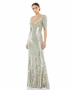 Sequined Short Sleeve Evening Gown