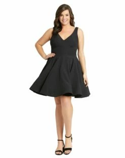 Sleeveless V Neck Fit & Flare Mini Dress (Plus) -Women's Skirt 48771 Black AB