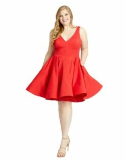Sleeveless V Neck Fit & Flare Mini Dress (Plus) -Women's Skirt 48771 Red AB